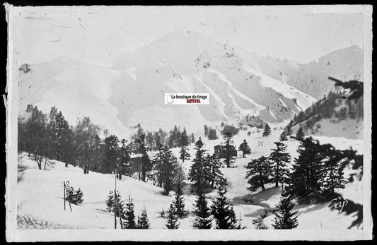 Plaque verre photo négatif noir & blanc 9x14 cm, Mont-Dore, téléphérique Sancy