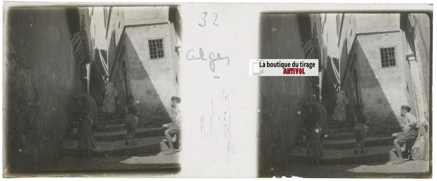 Alger, Algérie, enfants, Plaque verre stéréo, positif noir & blanc 4,5x10,7 cm