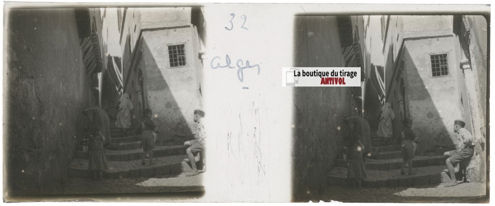 Alger, Algérie, enfants, Plaque verre stéréo, positif noir & blanc 4,5x10,7 cm