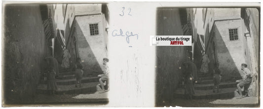 Alger, Algérie, enfants, Plaque verre stéréo, positif noir & blanc 4,5x10,7 cm