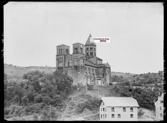 Plaque verre photo ancienne négatif noir et blanc 13x18 cm Saint-Nectaire église