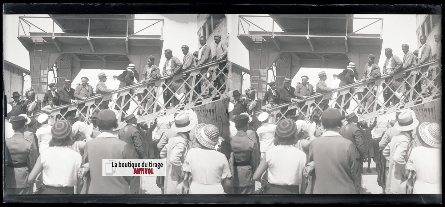 Algérie, bateau, plaque verre, photo stéréo, négatif noir & blanc 6x13 cm