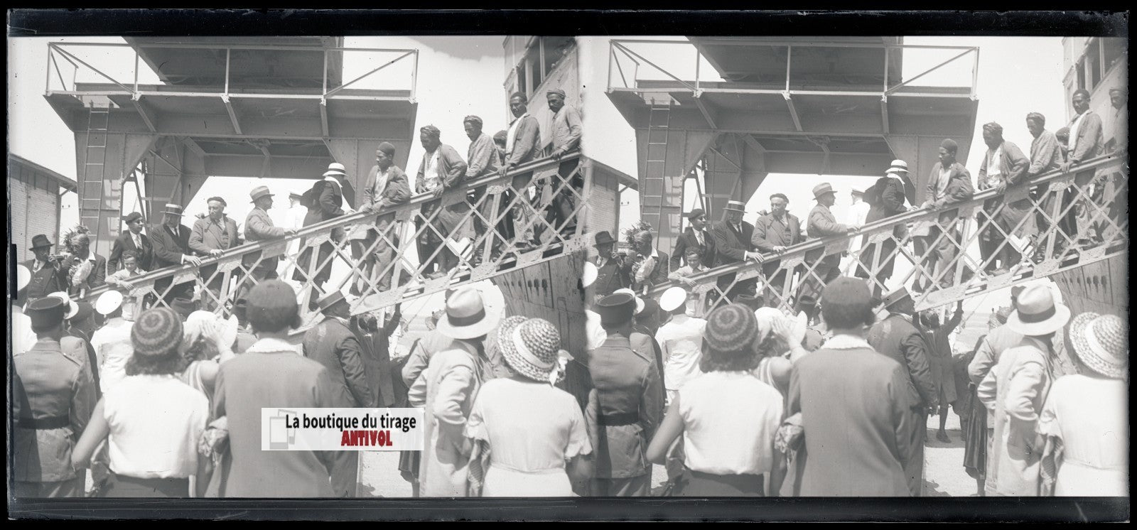 Algérie, bateau, plaque verre, photo stéréo, négatif noir & blanc 6x13 cm