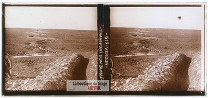 Verdun, transport d’un blessé, WW1, plaque verre photo ancienne stéréo 6x13 cm