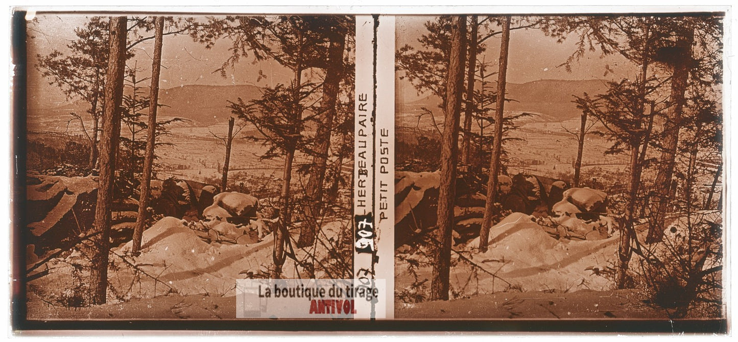 Herbeaupaire Petit poste, guerre WW1, plaque verre photo ancienne stéréo 6x13 cm