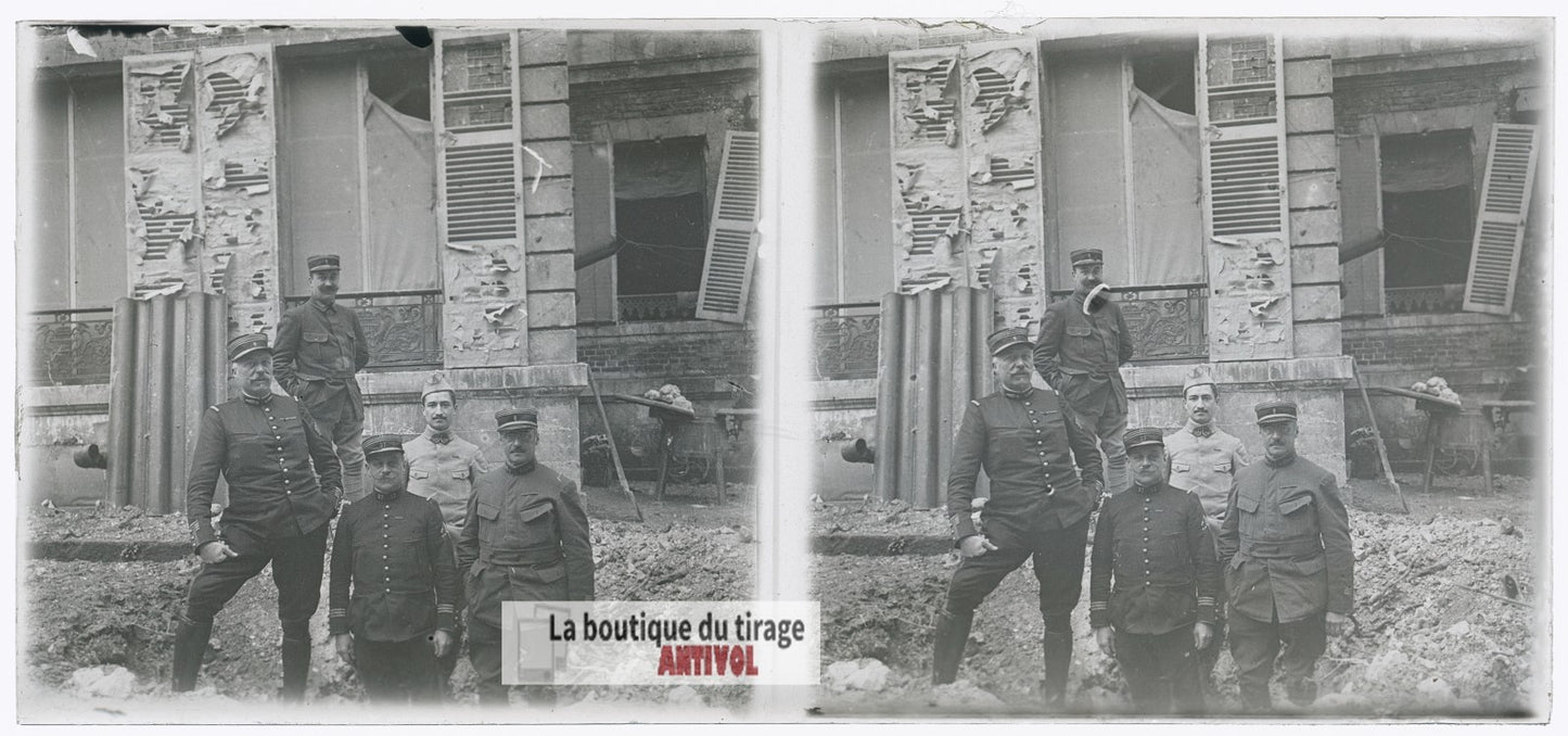Zone de combats urbains, guerre WW1, plaque verre photo ancienne stéréo 6x13 cm