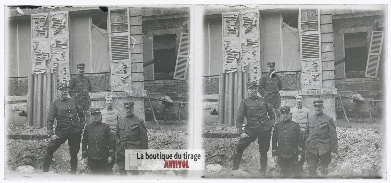 Zone de combats urbains, guerre WW1, plaque verre photo ancienne stéréo 6x13 cm