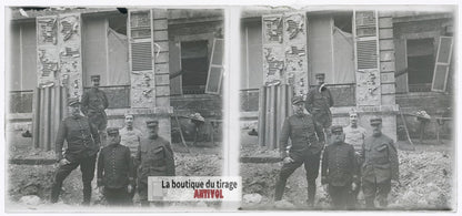 Zone de combats urbains, guerre WW1, plaque verre photo ancienne stéréo 6x13 cm
