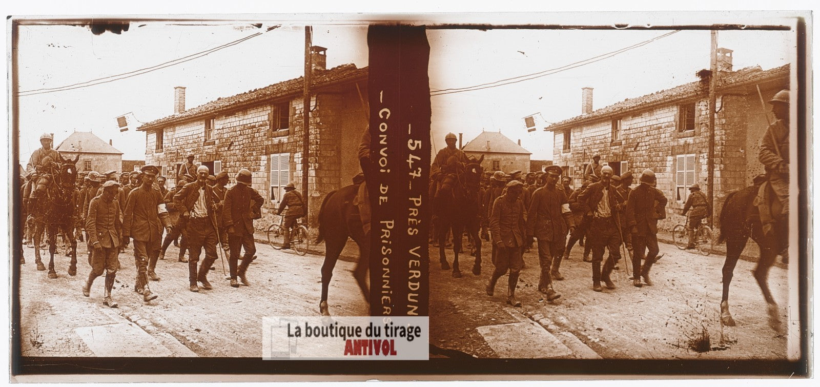 Verdun, prisonniers, guerre WW1, plaque verre photo ancienne stéréo 6x13 cm