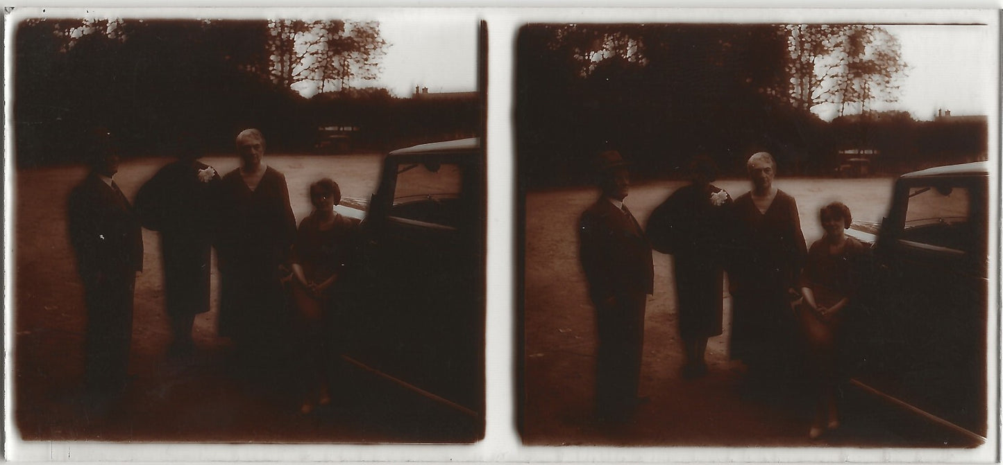 Voiture ancienne, Plaque verre photo stéréo, positif noir & blanc 6x13 cm
