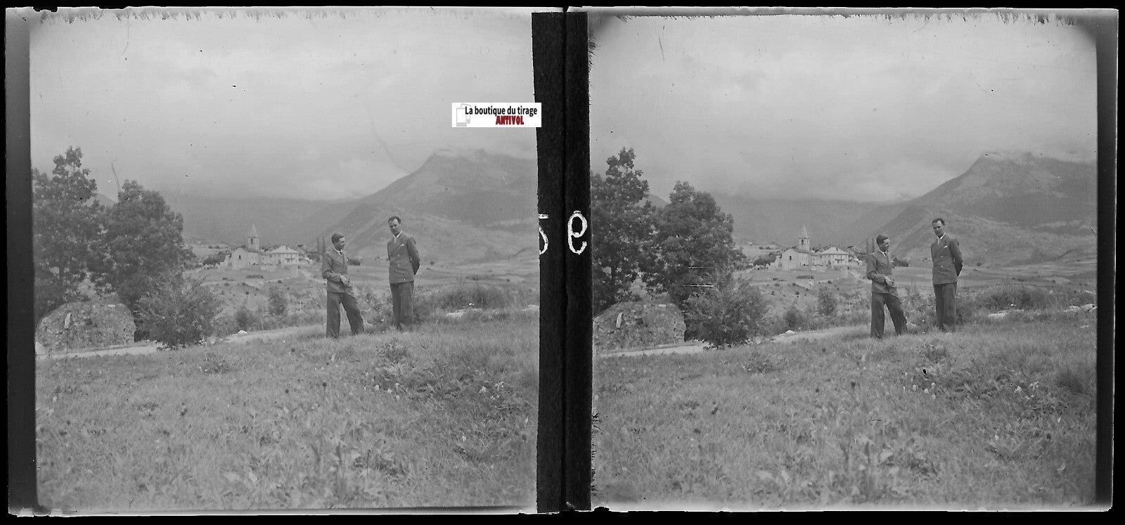 Village de montagne, Plaque verre photo, stéréo négatif noir & blanc 6x13 cm