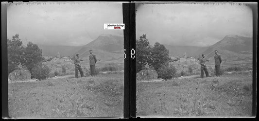 Village de montagne, Plaque verre photo, stéréo négatif noir & blanc 6x13 cm
