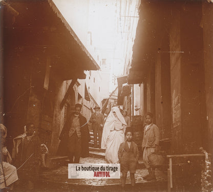 Ruelle de la Casbah, Alger, Algérie, plaque verre photo ancienne stéréo 6x13 cm