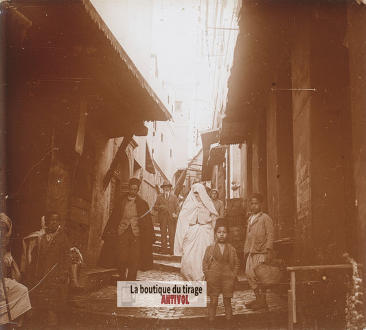 Ruelle de la Casbah, Alger, Algérie, plaque verre photo ancienne stéréo 6x13 cm