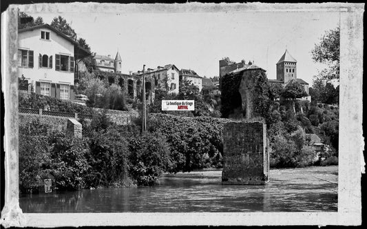 Plaque verre photo ancienne, négatif noir & blanc 9x14 cm, Sauveterre-de-Béarn