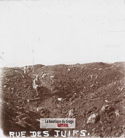 Vauquois, rue des Juifs, guerre WW1, plaque verre stéréo, photo 4,5x10,7 cm