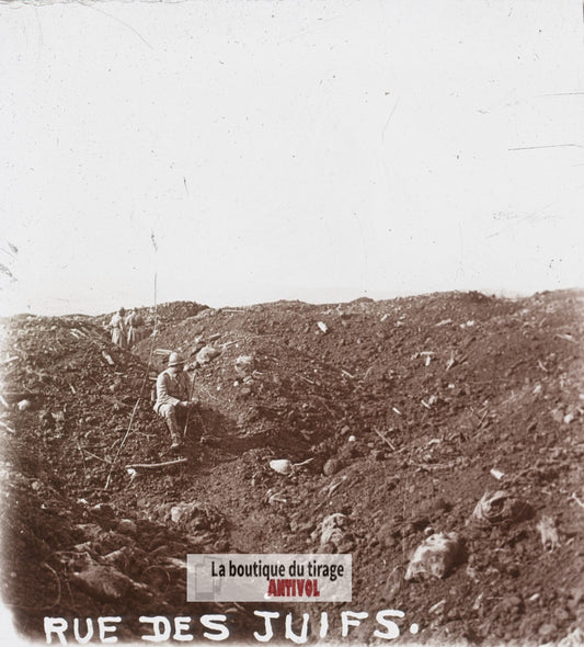 Vauquois, rue des Juifs, guerre WW1, plaque verre stéréo, photo 4,5x10,7 cm