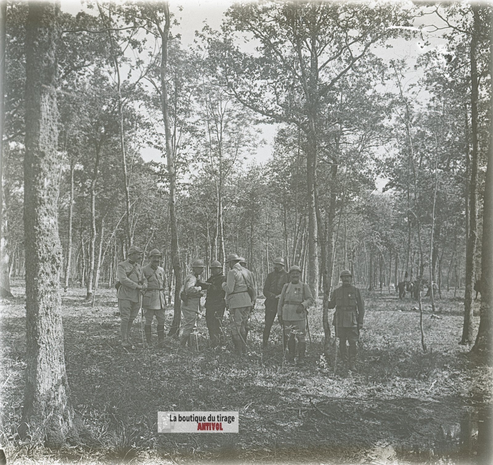 Groupe d’officiers français, WW1, plaque verre photo ancienne stéréo 6x13 cm