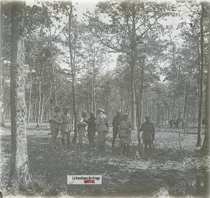 Groupe d’officiers français, WW1, plaque verre photo ancienne stéréo 6x13 cm
