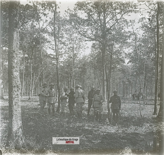 Groupe d’officiers français, WW1, plaque verre photo ancienne stéréo 6x13 cm