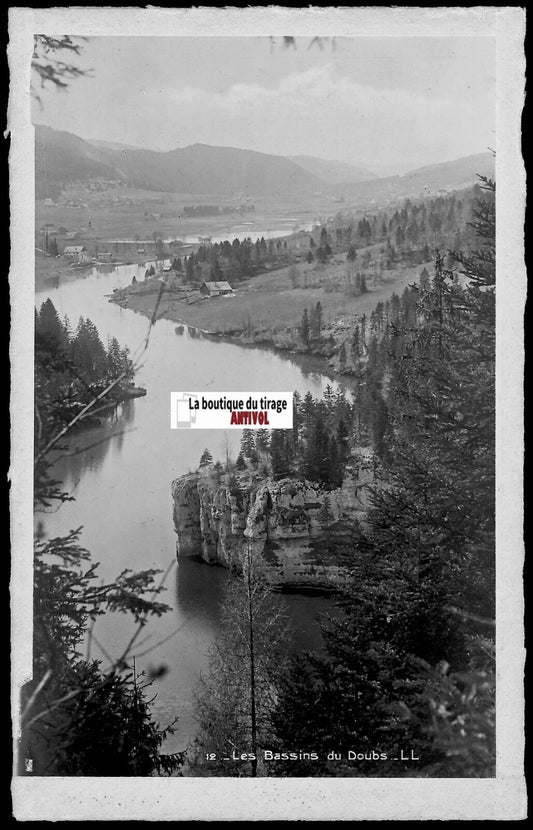 Plaque verre photo vintage, négatif noir & blanc 9x14 cm, les Bassins du Doubs