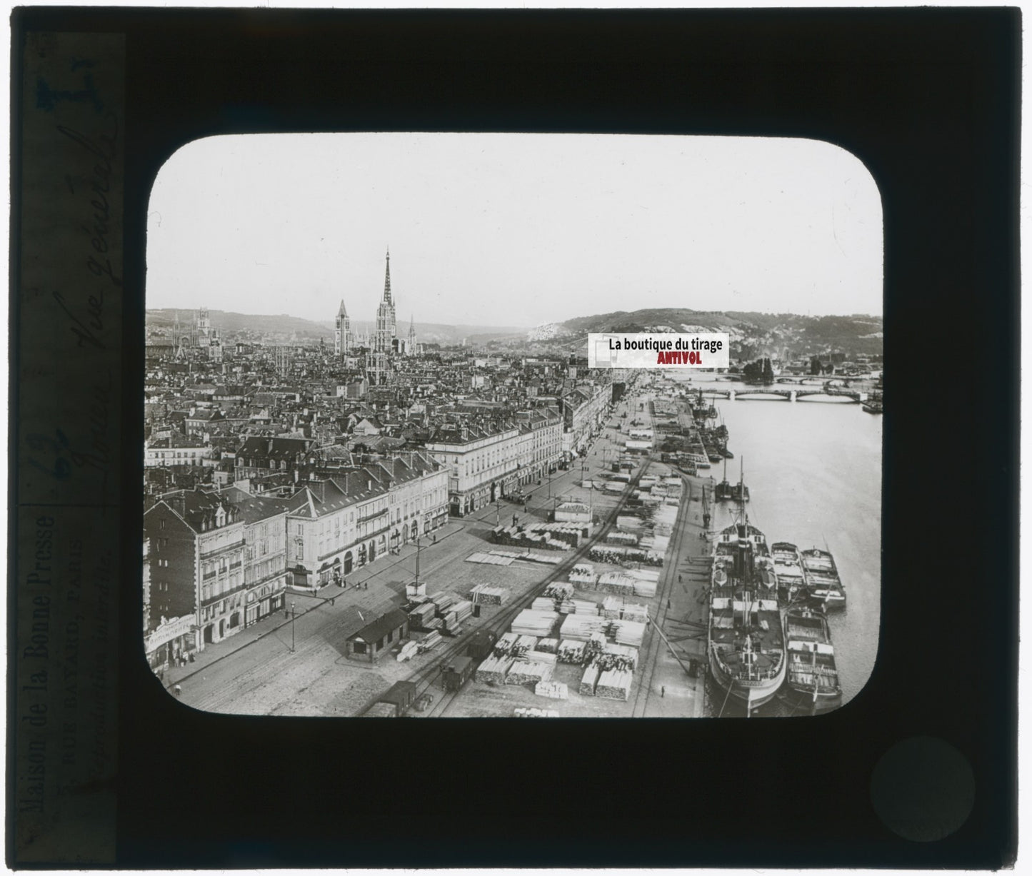 Port de Rouen, bateaux, photo plaque verre, noir & blanc, positif 8,5x10 cm