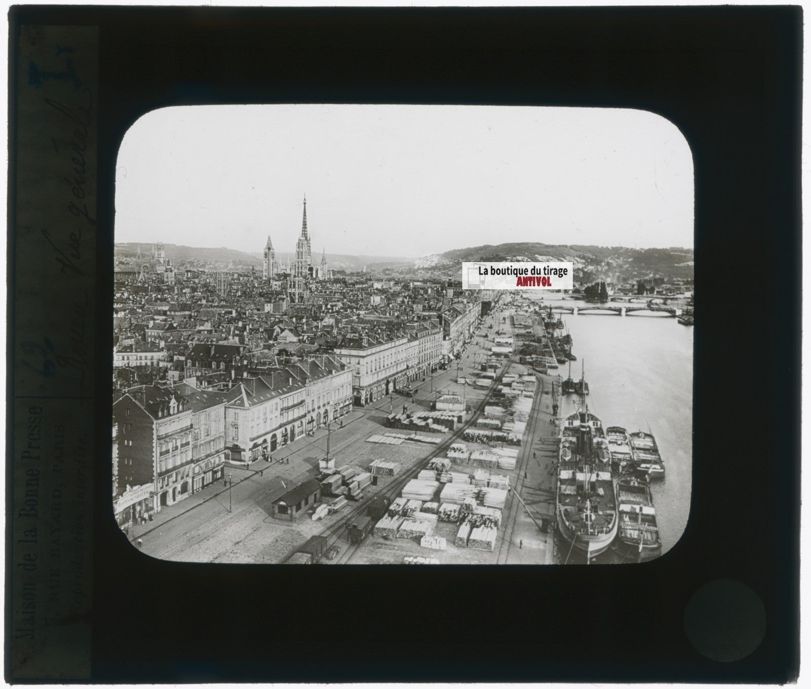 Port de Rouen, bateaux, photo plaque verre, noir & blanc, positif 8,5x10 cm