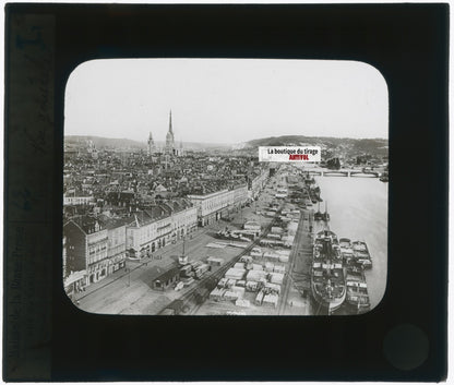 Port de Rouen, bateaux, photo plaque verre, noir & blanc, positif 8,5x10 cm