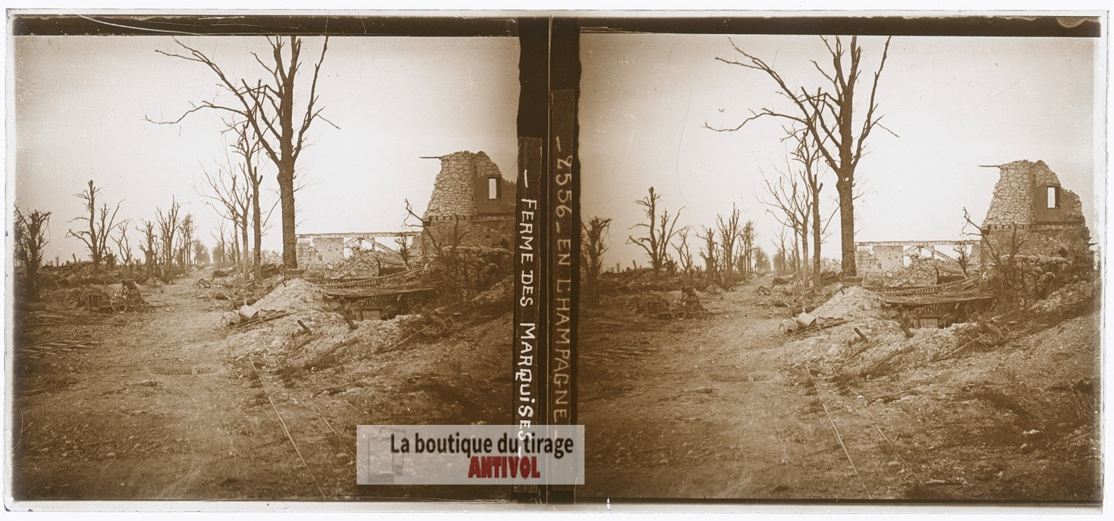 Ferme des Marquises, guerre WW1, plaque verre photo ancienne stéréo 6x13 cm