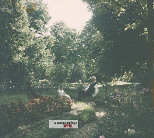 Jardin Écully, personnes, plaque verre, photo ancienne stéréo 6x13 cm Autochrome