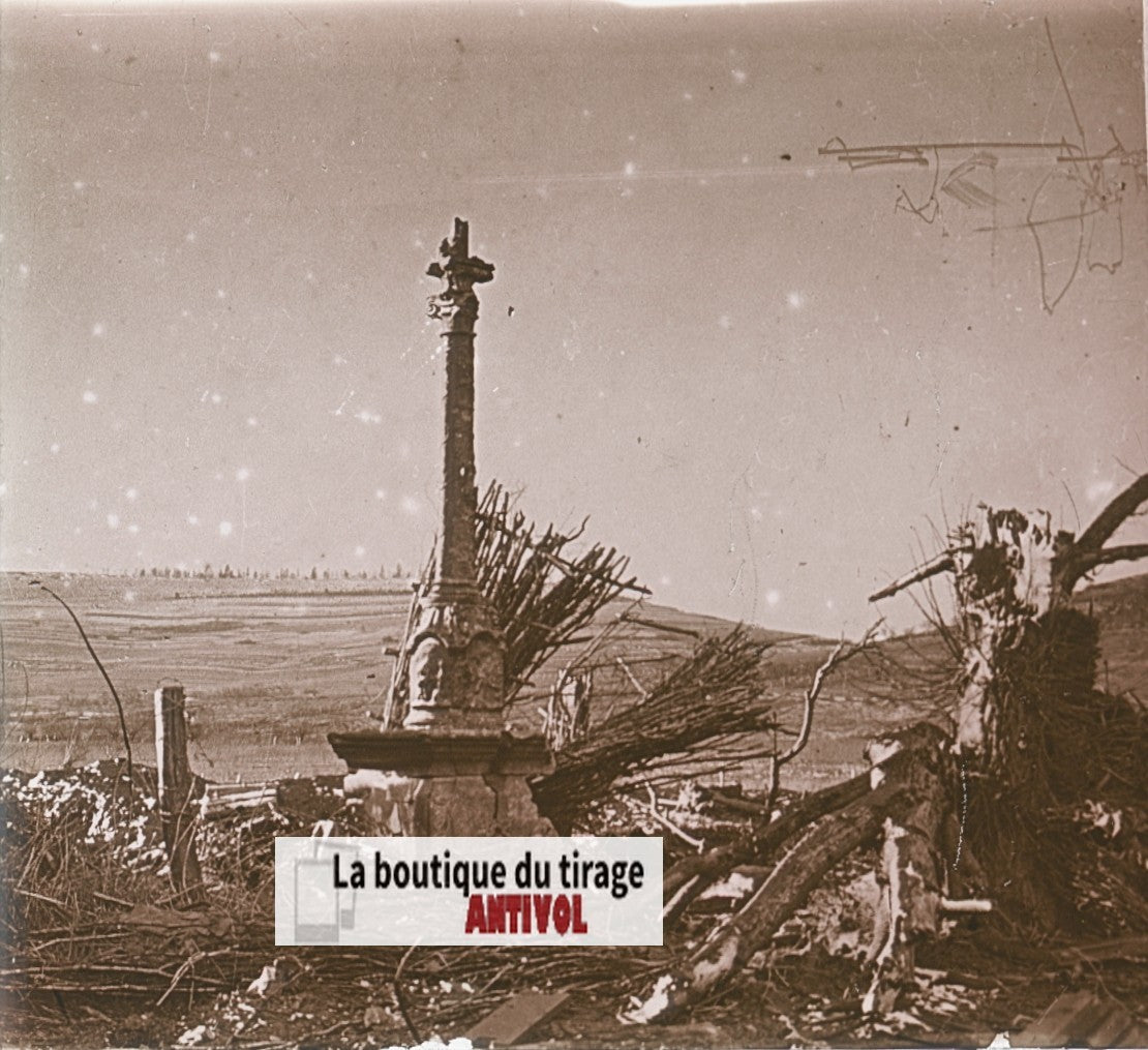 Calvaire des Éparges, WW1, plaque verre stéréo, photo ancienne 4,5x10,7 cm
