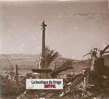 Calvaire des Éparges, WW1, plaque verre stéréo, photo ancienne 4,5x10,7 cm