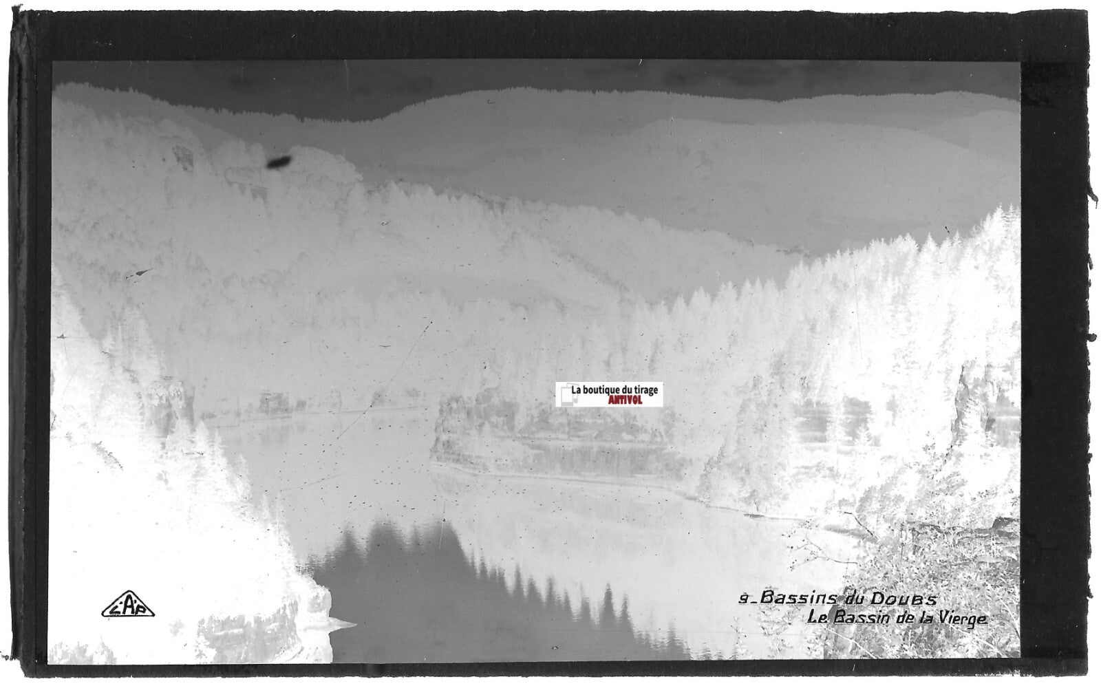 Plaque verre photo négatif noir & blanc 9x14 cm, bassin de La Vierge, Doubs