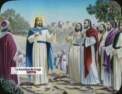 Nouveau testament, Jésus, dessin, plaque verre ancienne, couleur 8,5x10 cm