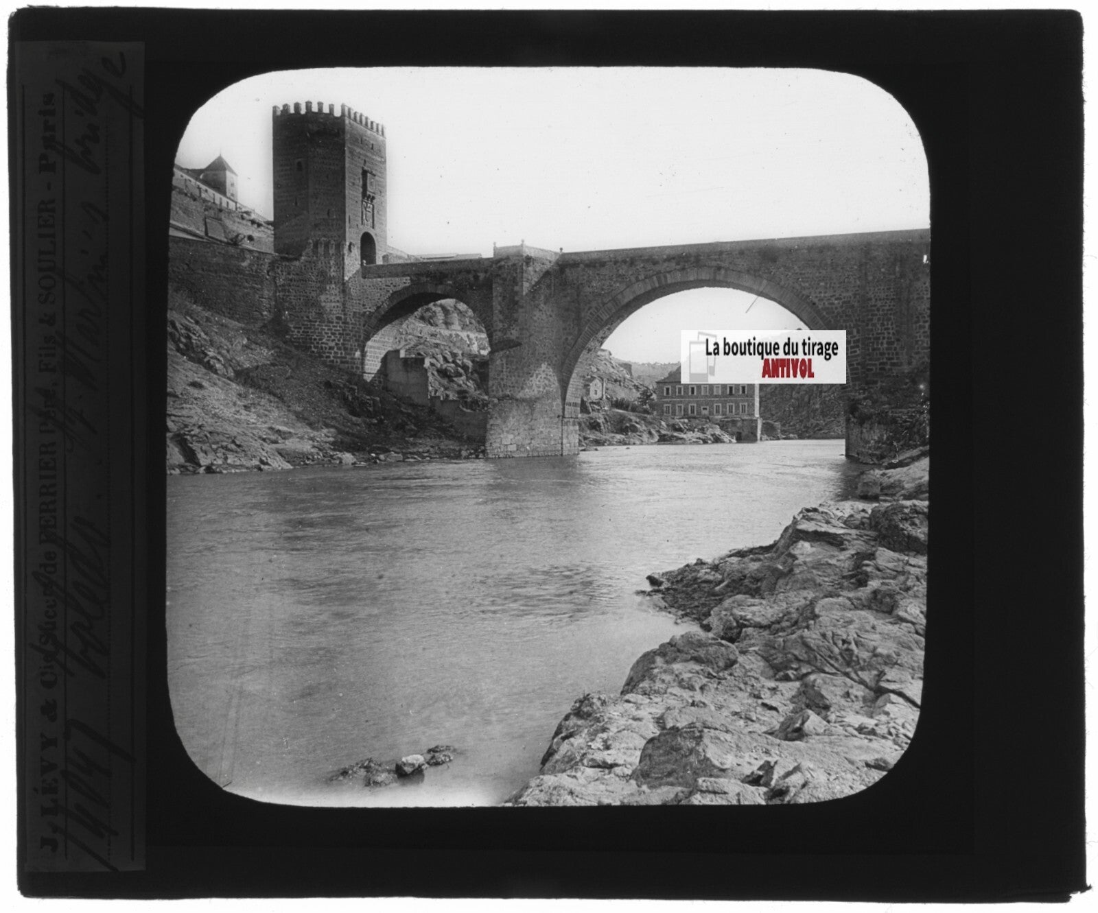 Pont de San Martín, Tolède, Espagne, photo plaque de verre, positif 8,5x10 cm