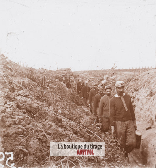 Flirey, corvée de soupe, guerre WW1, plaque verre stéréo, photo 4,5x10,7 cm