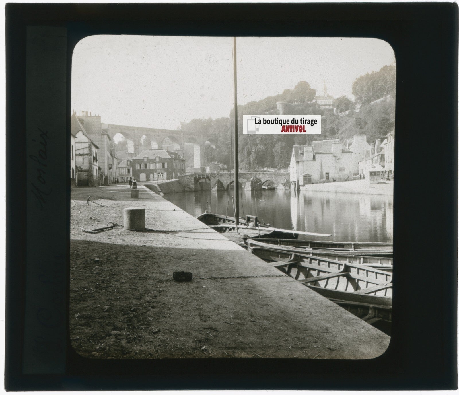 Port de Dinan, Bretagne, photo plaque verre, noir & blanc, positif 8,5x10 cm