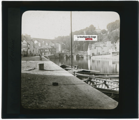 Port de Dinan, Bretagne, photo plaque verre, noir & blanc, positif 8,5x10 cm