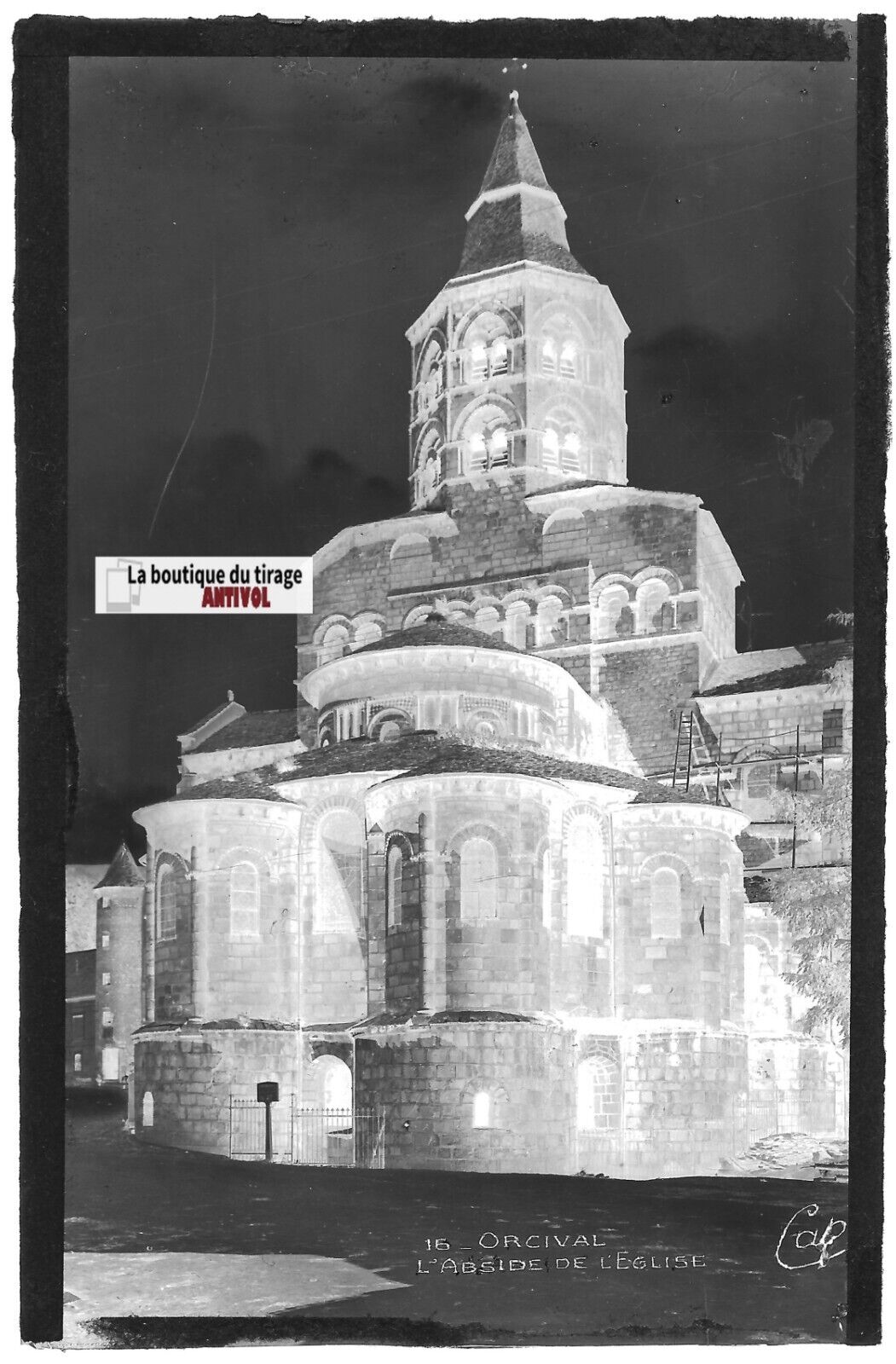 Plaque verre photo ancienne négatif noir & blanc 9x14 cm Orcival, église 0914055