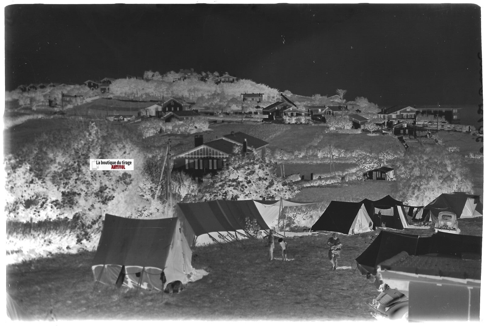 Bidart camping, Plaque verre photo ancienne, négatif noir & blanc 10x15 cm