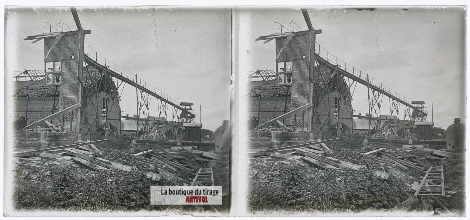 Installation industrielle guerre WW1, plaque verre photo ancienne stéréo 6x13 cm