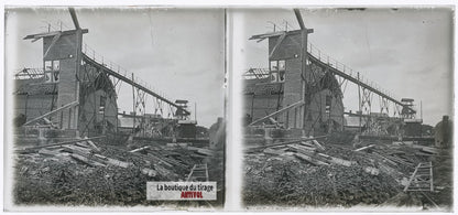 Installation industrielle guerre WW1, plaque verre photo ancienne stéréo 6x13 cm