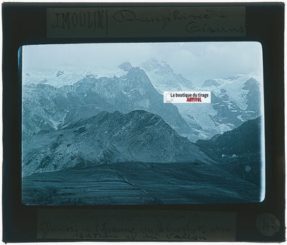 Massif de la Meije, glaciers, photo J. Moulin, plaque verre, couleur, 8,5x10 cm
