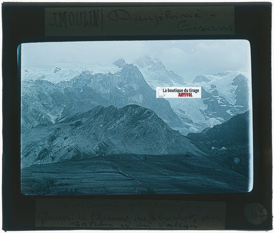 Massif de la Meije, glaciers, photo J. Moulin, plaque verre, couleur, 8,5x10 cm