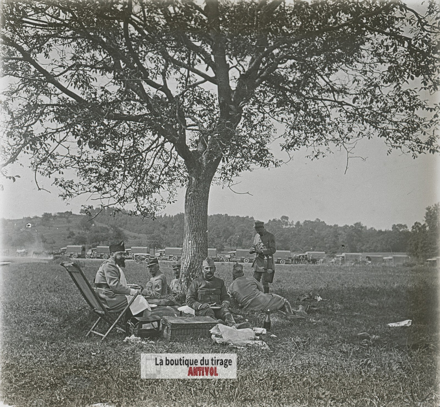 Camions, officiers, WW1, plaque verre photo ancienne stéréo 6x13 cm