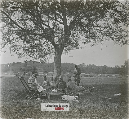 Camions, officiers, WW1, plaque verre photo ancienne stéréo 6x13 cm