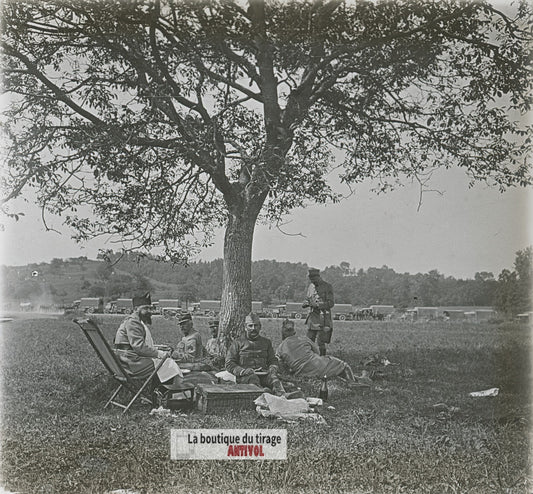Camions, officiers, WW1, plaque verre photo ancienne stéréo 6x13 cm