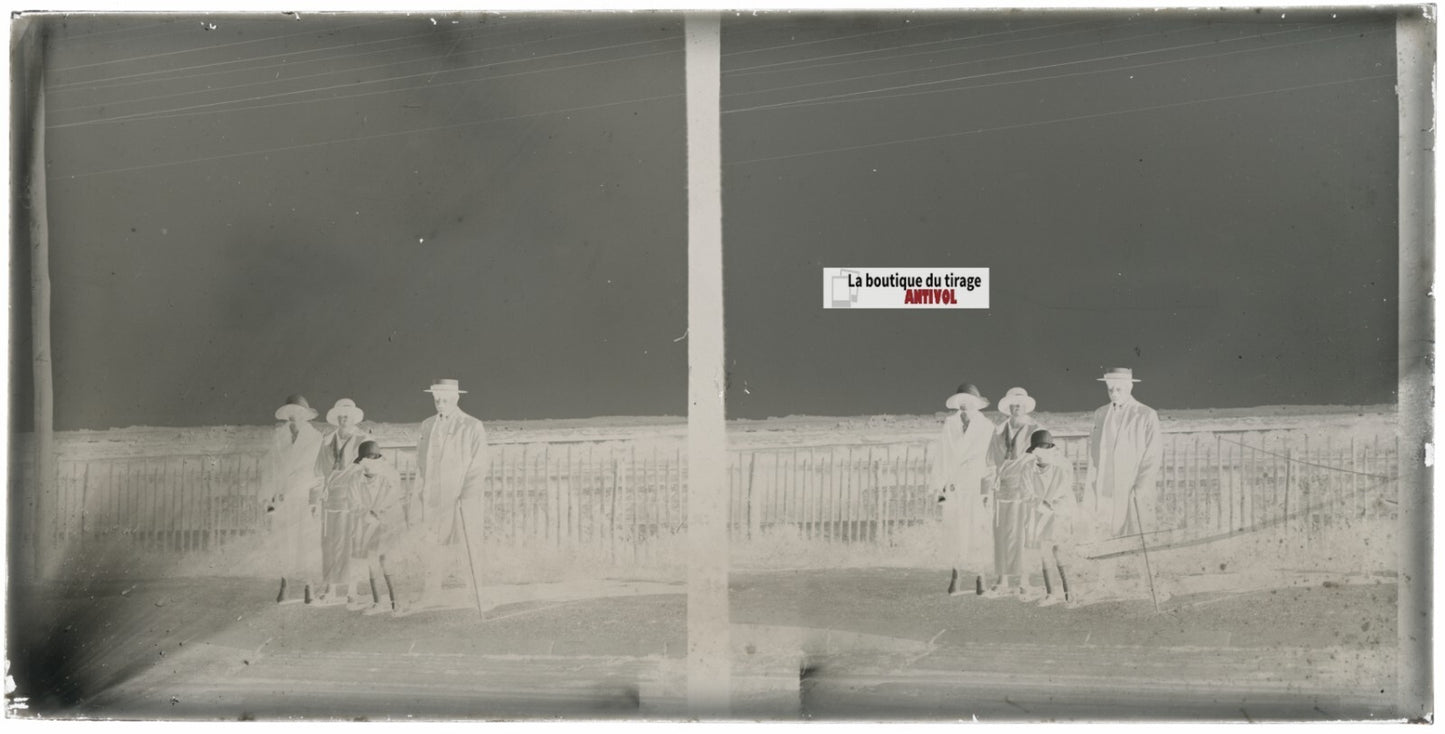 Famille, paysage, nature, stéréoscopie plaque ancienne verre, négatif 9x18 cm