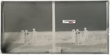 Famille, paysage, nature, stéréoscopie plaque ancienne verre, négatif 9x18 cm