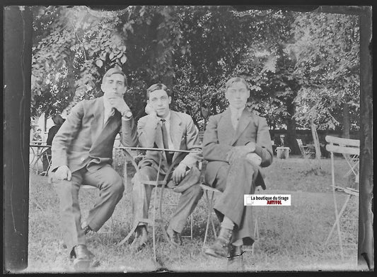 Groupe hommes, Plaque verre photo ancienne, négatif noir & blanc 6x9 cm